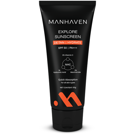 Manhaven Explore Sunscreen, SPF 50 | PA+++, with Vitamin C, Niacinamide & Hyaluronic Acid - 50g