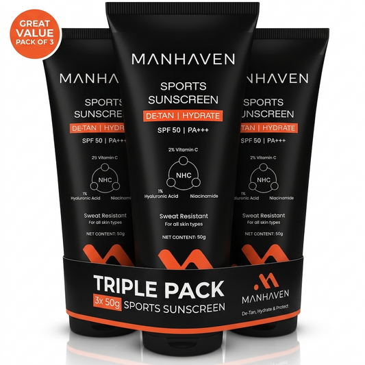 Manhaven Sports Sunscreen, Sweat Resistant Formula, SPF 50, 150g | PA+++, with Vitamin C, Niacinamide & Hyaluronic Acid - (50g x 3)