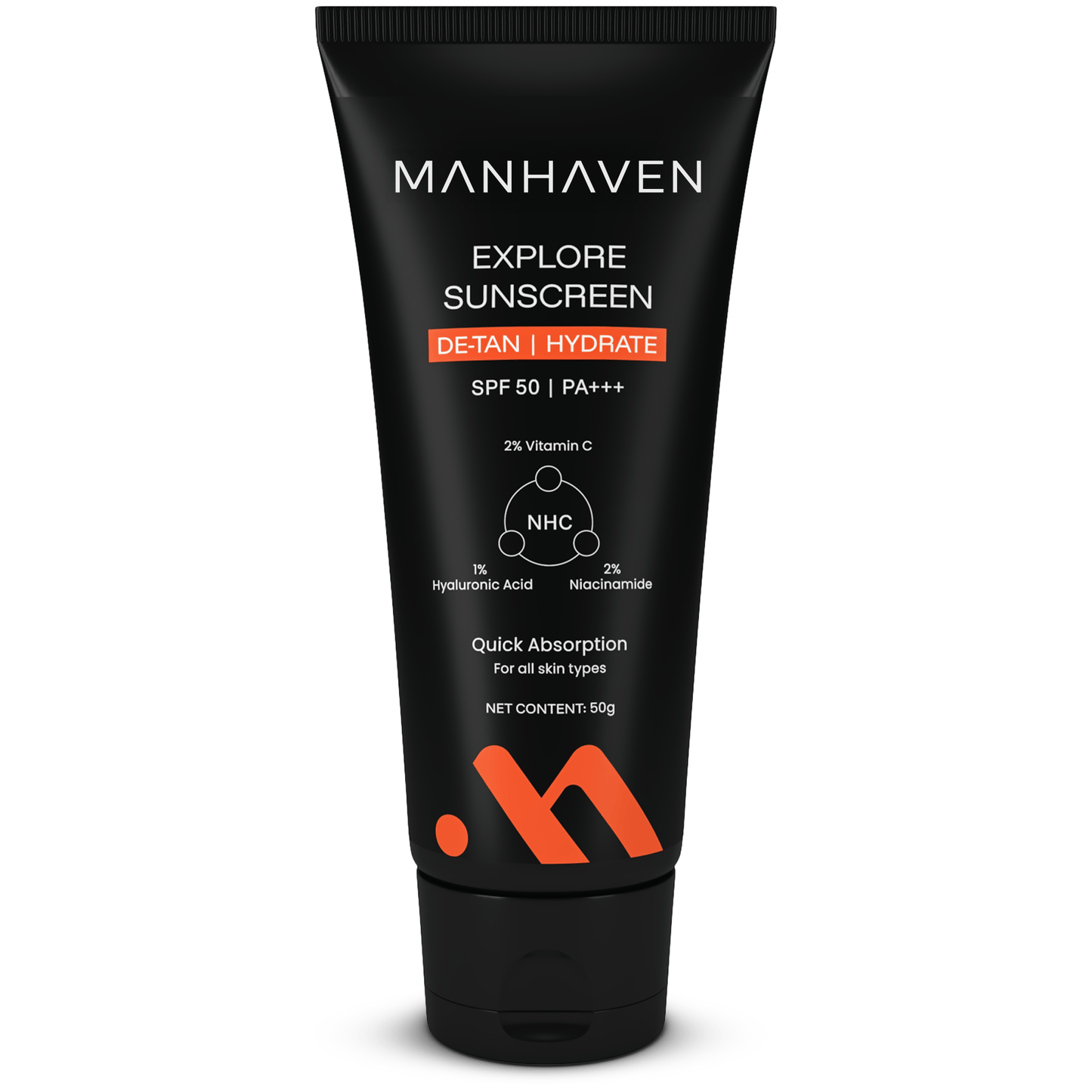 Manhaven Explore Sunscreen, SPF 50 | PA+++, with Vitamin C, Niacinamide & Hyaluronic Acid - 50g