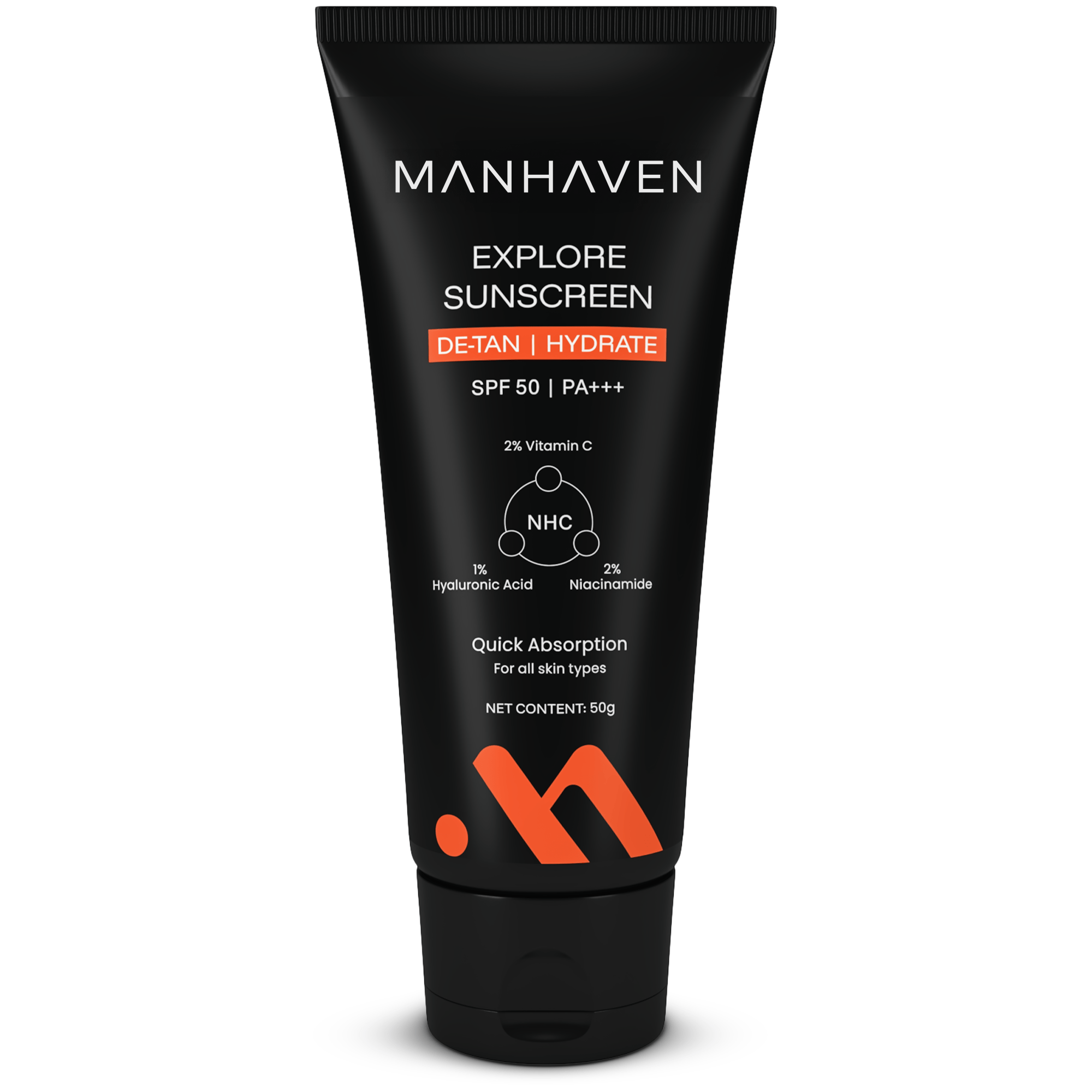 Manhaven Explore Sunscreen, SPF 50 | PA+++, with Vitamin C, Niacinamide & Hyaluronic Acid - 50g
