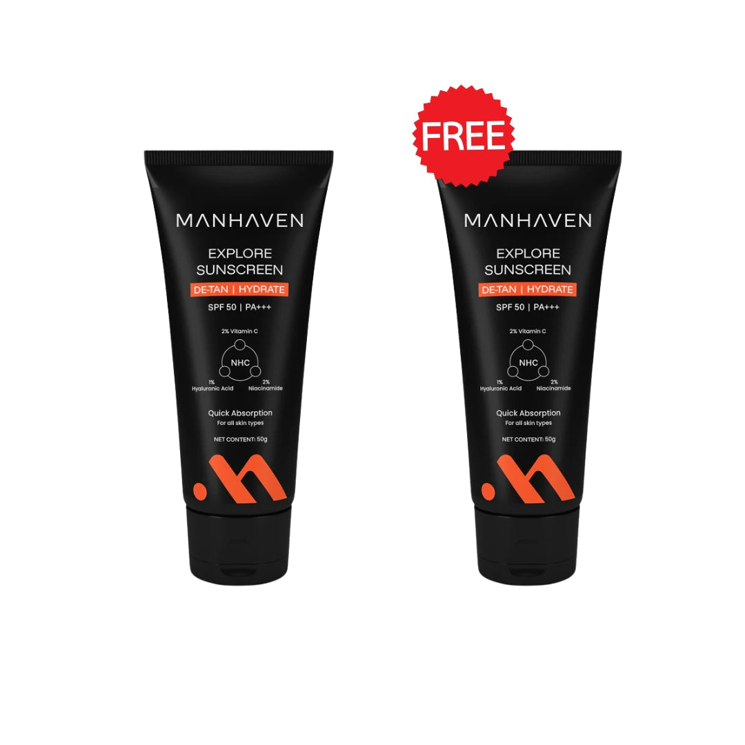 Manhaven Explore Sunscreen, SPF 50 100g | PA+++, with Vitamin C, Niacinamide & Hyaluronic Acid - (50g x2)